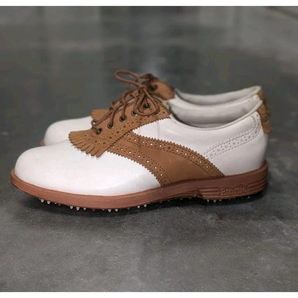 Vintage 90s Golf Shoes White Tan Leather Fringe Kiltie Etonic 7N 1997